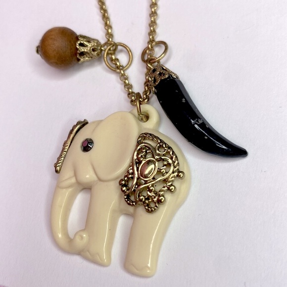 🌹 Set of 2 🌹 White Gold Elephant Pendant Necklace w/ Charms & Gold Toned Choker🌹 - Picture 7 of 16